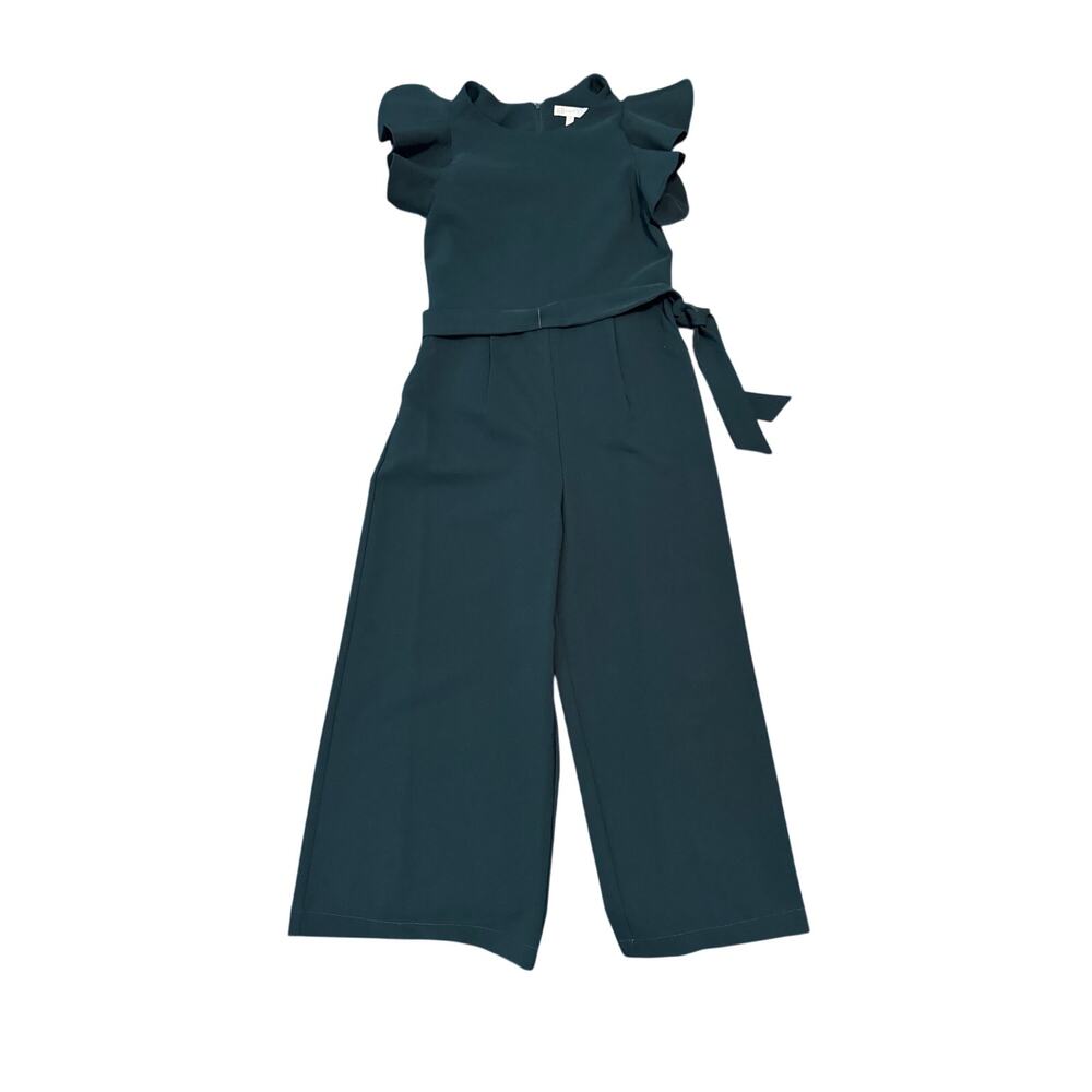 Girls Size 12 Dark Green Ruffle Sleeve Belted Jumpsuit Wide Leg Culotte Holiday